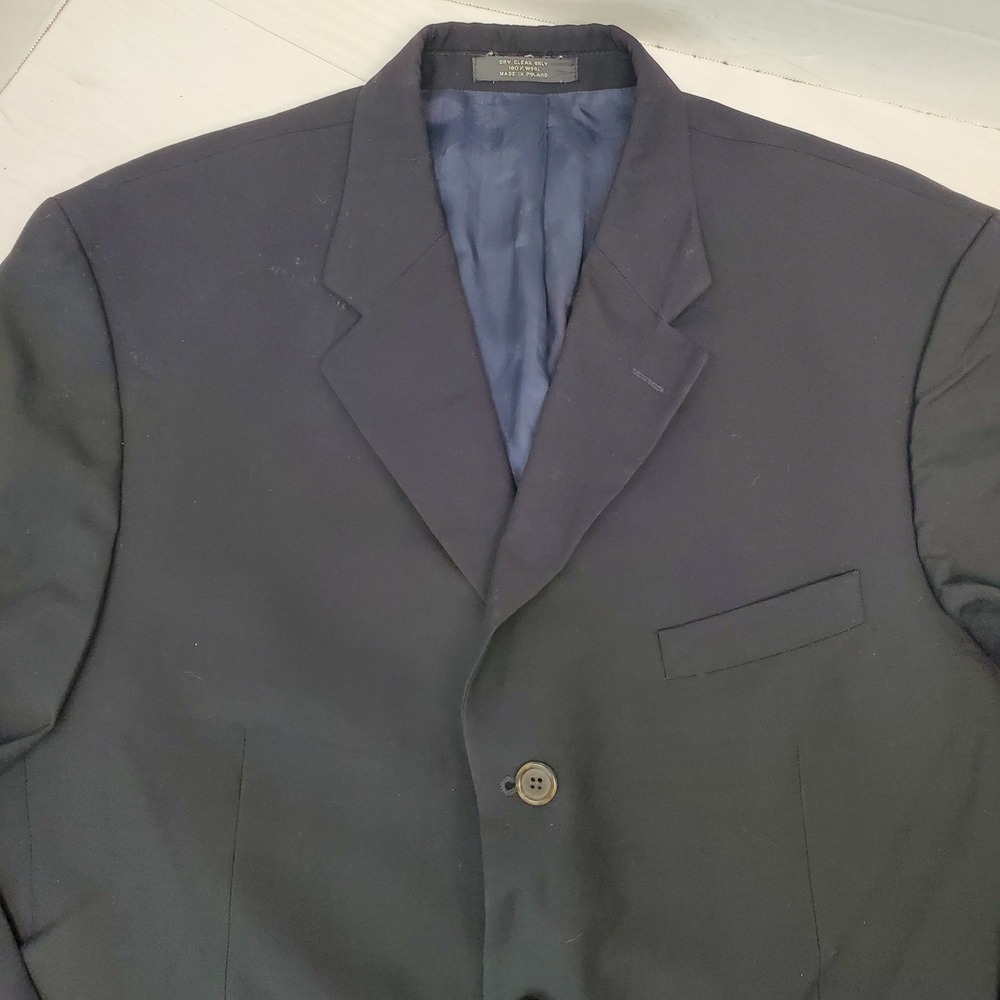 Eddie Bauer Mens 44R Wool Blazer Navy Blue 3 Button Smart Casual Made in Poland